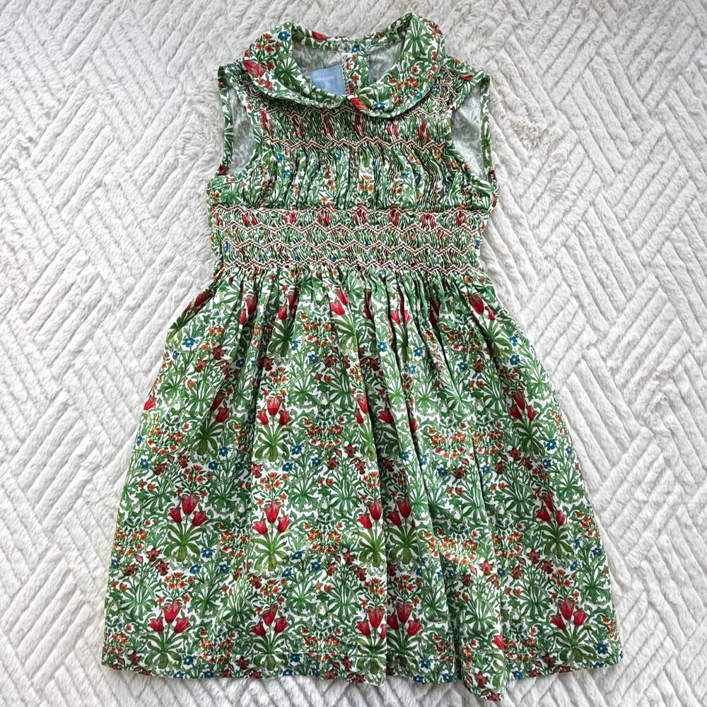 Bella Bliss Girls Size 6 Floral Smocked Dress Green Red Cotton Classic